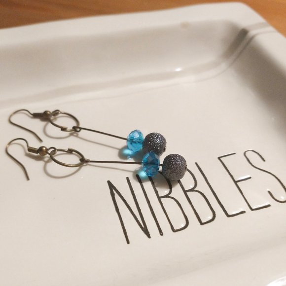 Handmande Drop Earrings - Blue glass, textured grey faux pearl - Picture 2 of 4